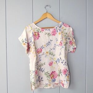 Via Signoria linen top with vibrant floral print pattern